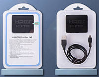 Відеорозгалужувач 2xHdmi, Splitter Hdmi на 2 монітори, активний, v1.4a, 3D, 4K, чорний