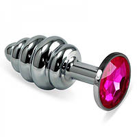 Рельефная анальная пробка с пурпурным камнем Lovetoy Rosebud Spiral Metal Plug 10 см Серебро FE, код: 7543149