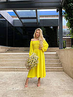 Женское желтое легкое платье миди с регулирующимися плечами