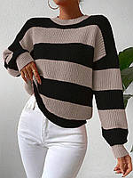 Женский черно-бежевый теплый свитер оверсайз в полоску