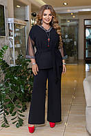 Женский черный нарядный костюм из блузы с сеткой и широких брюк батал