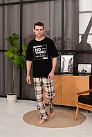 Мужская пижама Every day с принтом NI хлопчатобумажная (штаны+футболка), клетка беж