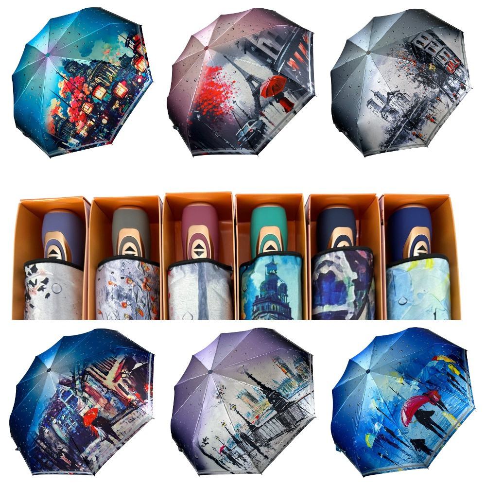 Оптом Жіноча автоматична парасоля на 9 спиць від Frei Regen з принтом міста, сатиновий купол, 9074