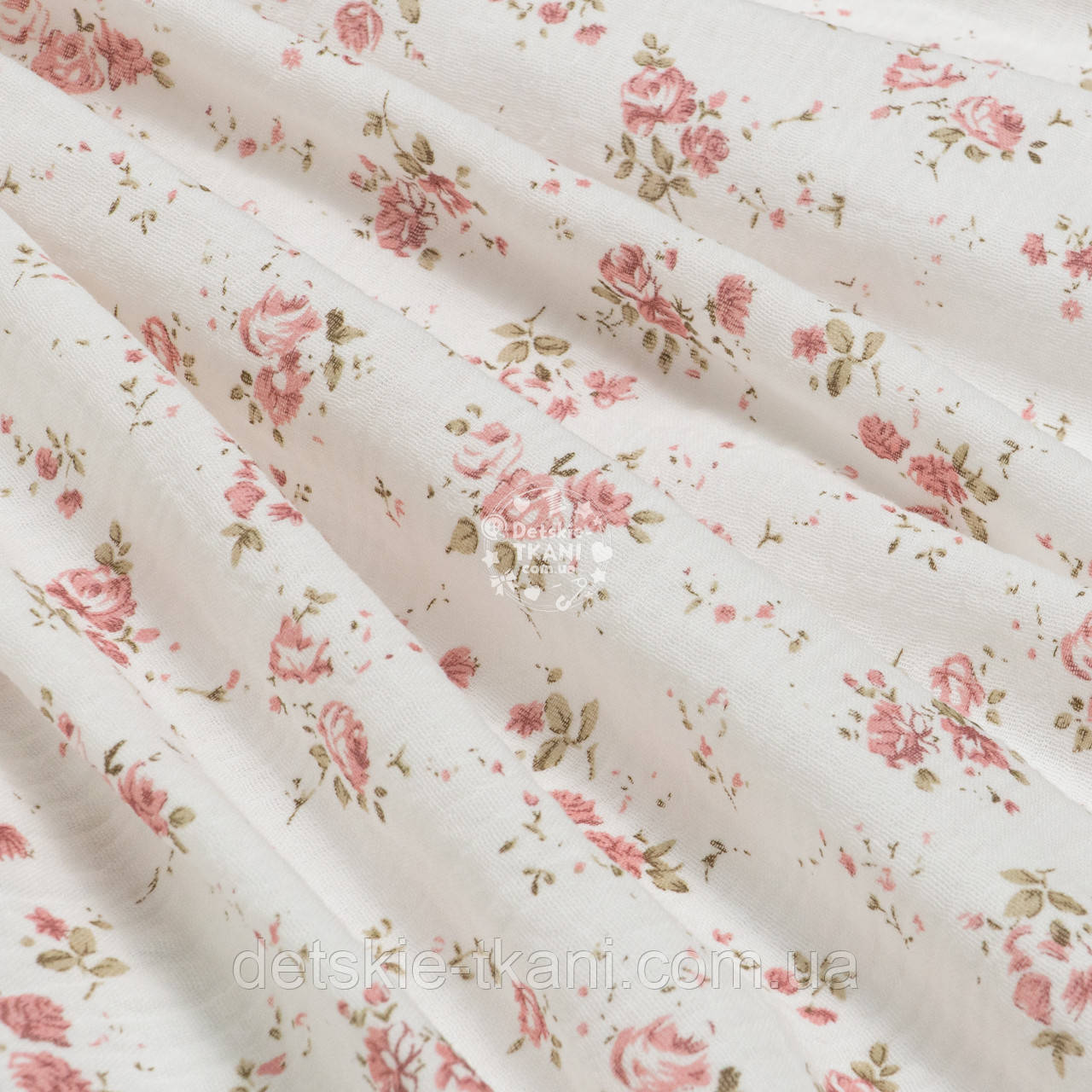 Двошаровий жатий муслін "Ретро-рожеві розкидані трояндочки", ширина 135 см, фото 1