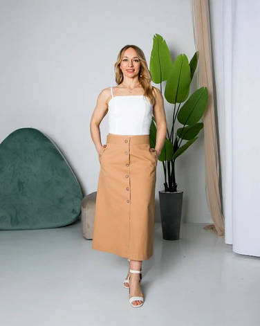 Жіноча спідниця трапеція "Тереза" з тканини котон з високою посадкою у бежевому кольорі розміри від 44 до 54, фото 1