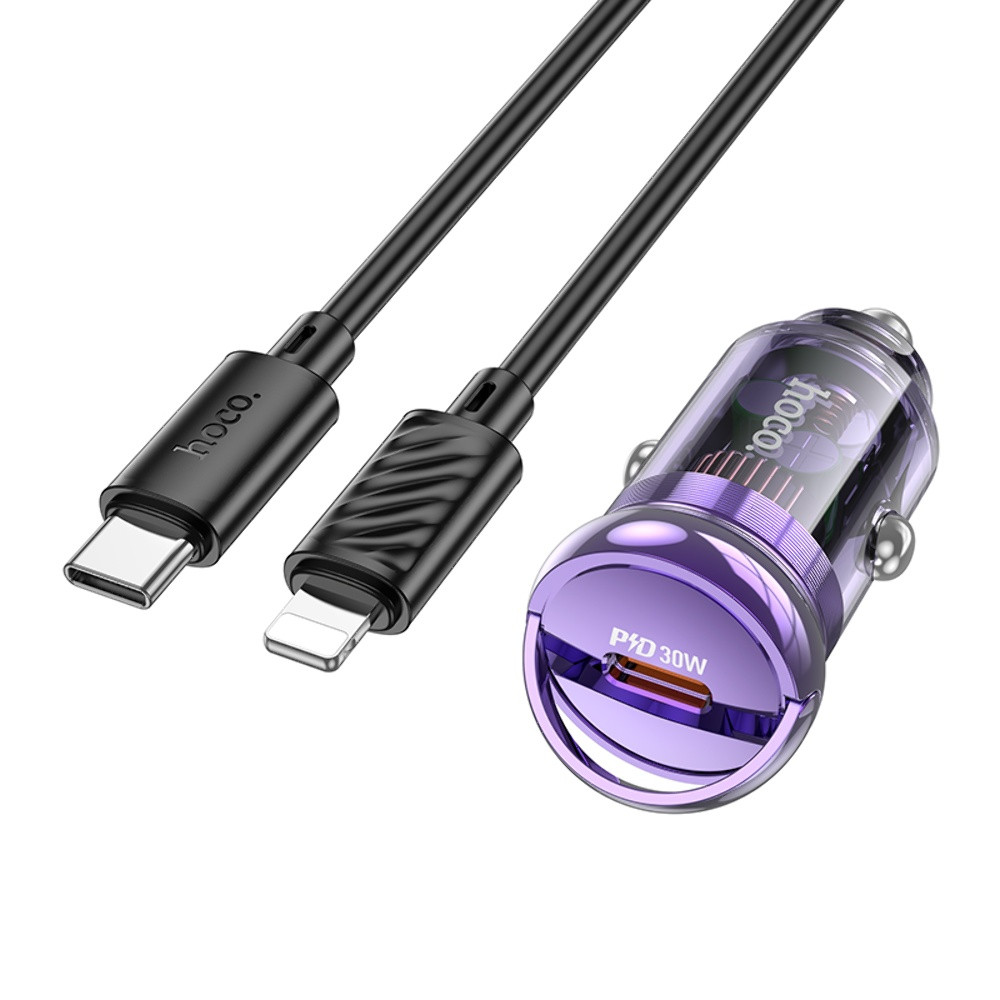 DR Автомобільний зарядний пристрій Hoco Z53 Type-C PD 30 W transparent purple + кабель Type-C to Lightning