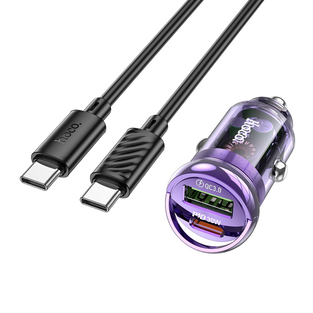 DR Автомобільний зарядний пристрій Hoco Z53A USB/Type-C PD 30 W QC transparent purple + кабель Type-C to