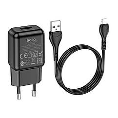 DR Набор СЗУ 110-240V HOCO C96A+ кабель Lighting, 1xUSB, 2.1A, кабель 1м, Black, Blister