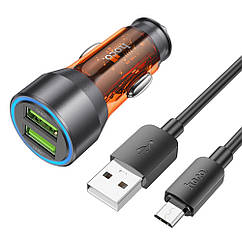 DR Автомобільний зарядний пристрій Hoco NZ12 2 USB QC 36 W transparent orange + кабель USB to MicroUSB