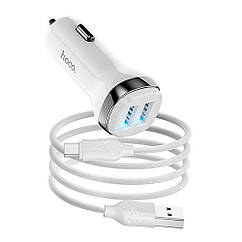 DR Набор АЗУ 12-24V HOCO Z40+ кабель Type-C, 2xUSB, 2.4A, кабель 1м, White, Box