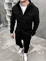 Мужской классический черный стрейч-костюм, рубашка и штаны, однотонный хлопковый костюм
