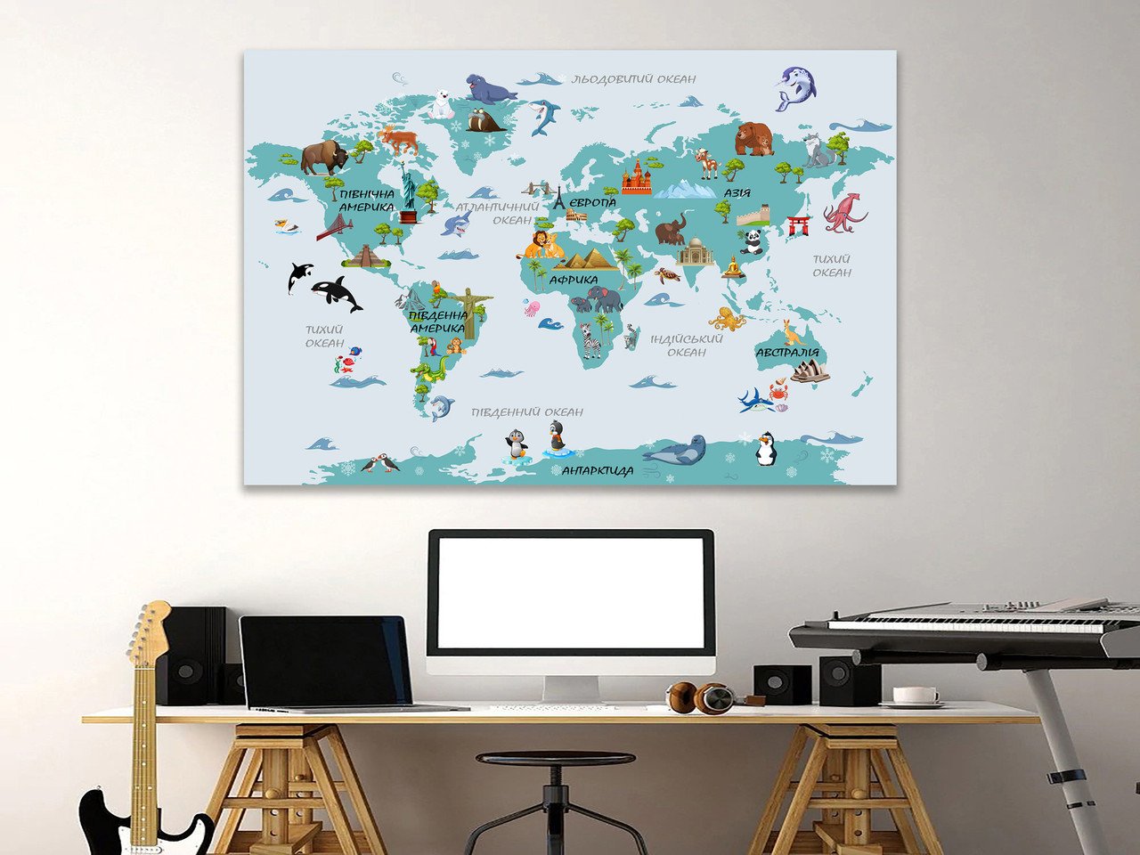 Картина дитяча на полотні для дому в дерев'яній рамі готова " Карта світу" HD-друк