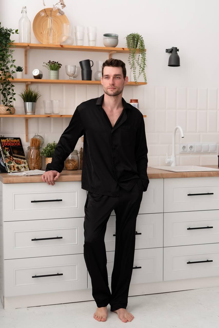 Піжама чоловіча ШОВК сорочка і штани ЧОРНИЙ COSY з чорним кантом S201, фото 1