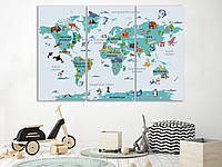 Картина детская на холсте для дома в деревянной раме готовая " Карта мира" HD-печать 180, 120, 3