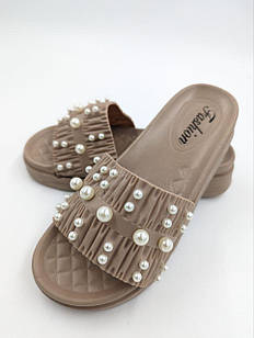 Шльопанці жіночі літні гумові на платформі з перлинами стильні  EVA  бежевий