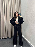 Жіночий спортивний костюм у стилі ZARA з прямими вільними брюками та кофтою на блискавці трикотаж двонитка черный, 42/46