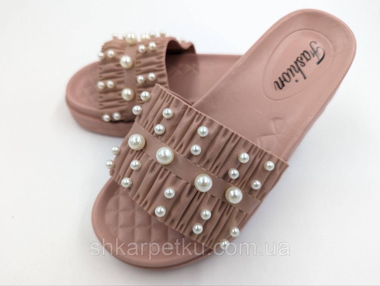 Шльопанці жіночі літні гумові на платформі з перлинами стильні EVA рожевий, фото 1
