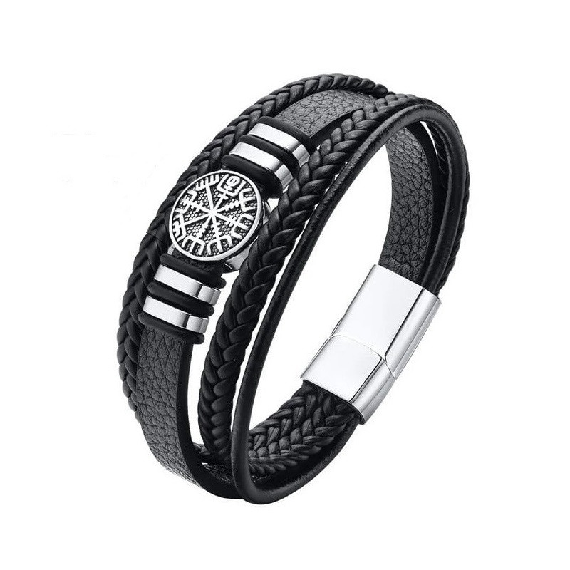 Браслет шкіряний багатошаровий "Вегвизир" Type VB 22 см. Black