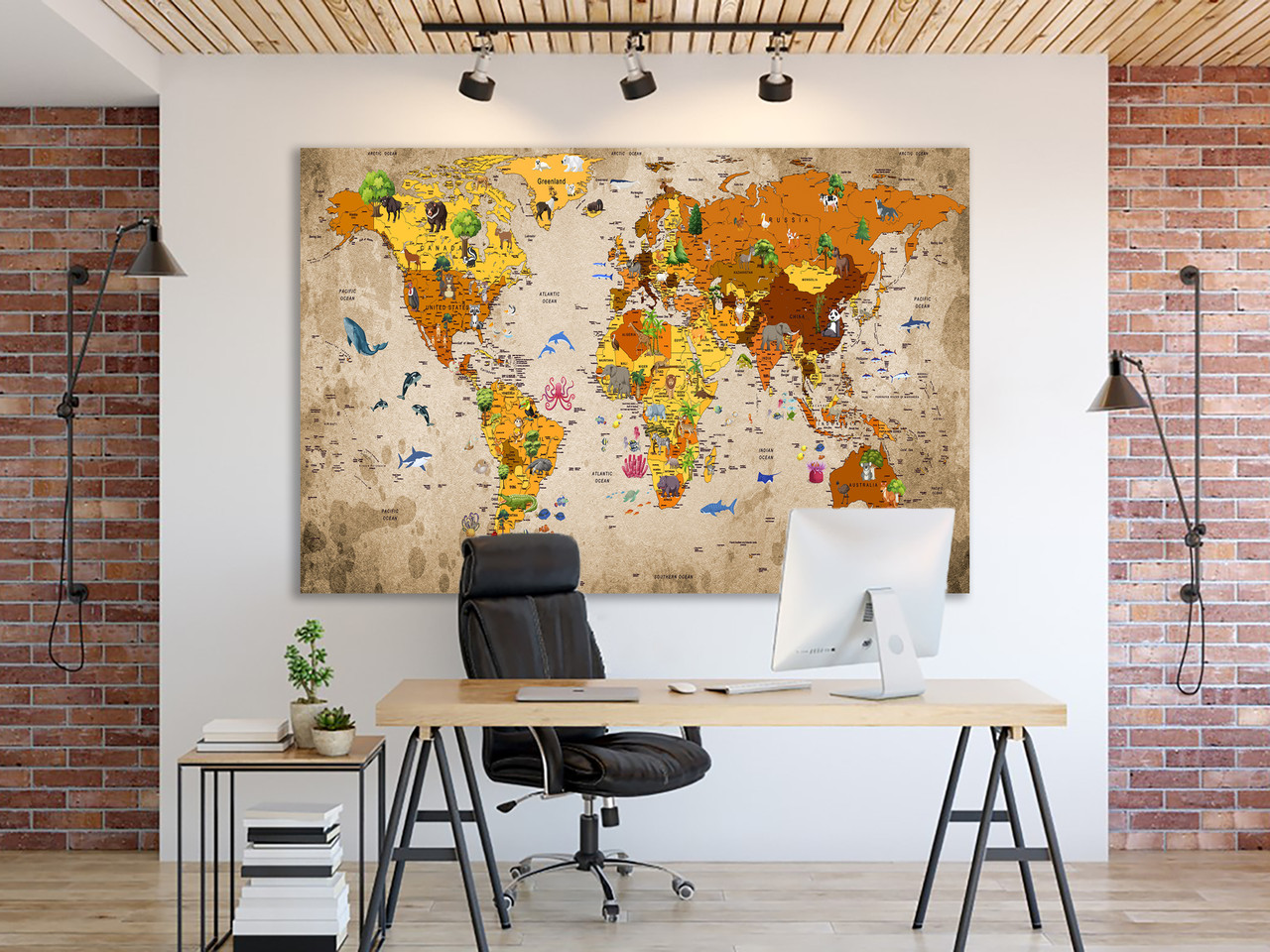 Картина дитяча на полотні велика "Карта світу" для підлітка, декор дитячої кімнати