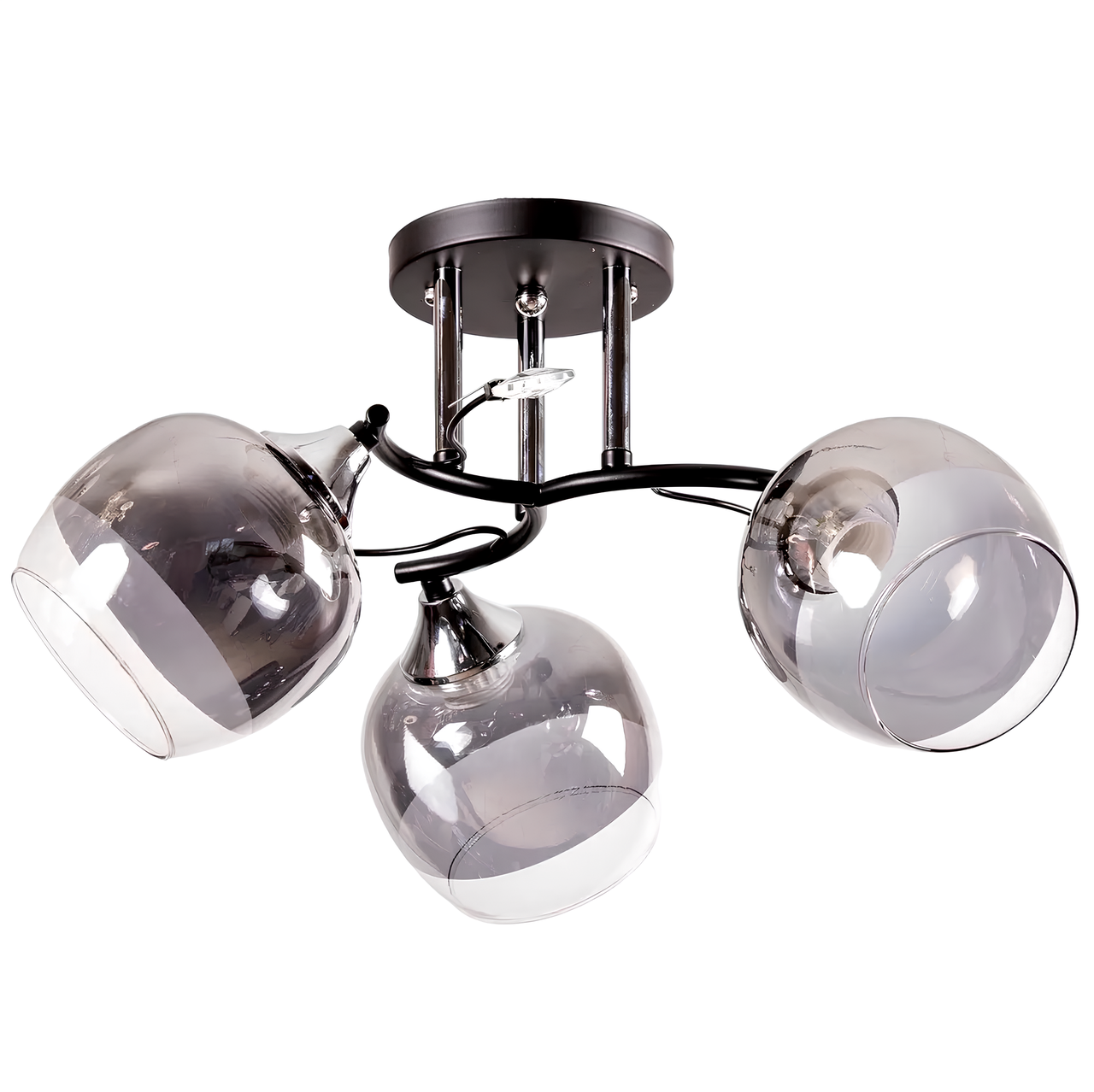 Стельова люстра на три лампи Е27 з прозоро-хромовими плафонами округлої форми Svet SR-C1037/3 BK+CH