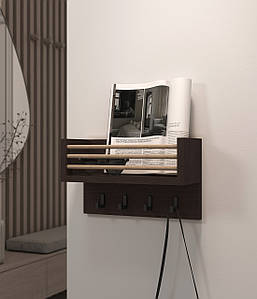 Ключниця з поличкою в передпокій на стіну, полиця для дрібних речей та ключів II W-2 Венге темний + нагель Дерево