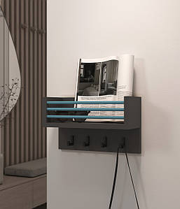 Ключниця з поличкою в передпокій на стіну, полиця для дрібних речей та ключів II W-2 Антрацит+нагель Синій