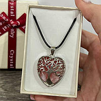 Натуральный камень Розовый кварц в оправе "Древо жизни в сердце" на шнурке - подарок девушке в коробочке