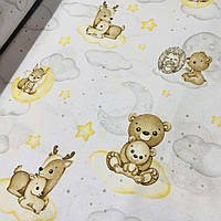 Хлопковая ткань польская животные на облаках с месяцем и звездами в серо-желтых тонах на белом (E-392)