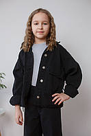 Джинсовая куртка черная с затяжками по бокам для девочки 5-9 лет, 110-134 см