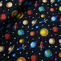 Хлопковая ткань польская космос с планетами на черном (E-409)