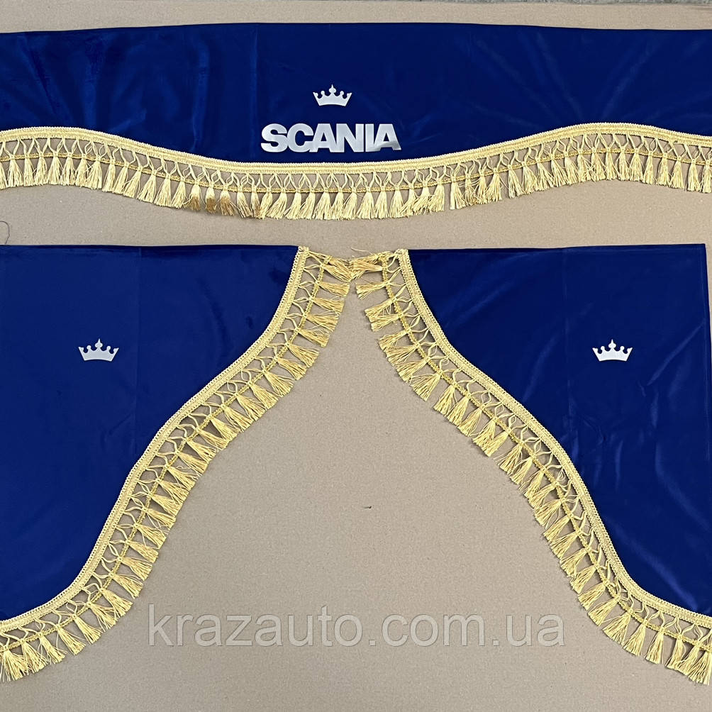 Комплект штор Scania синій (ламбрекен лобового та куточки бічного скла) напис світловідбивний, фото 1