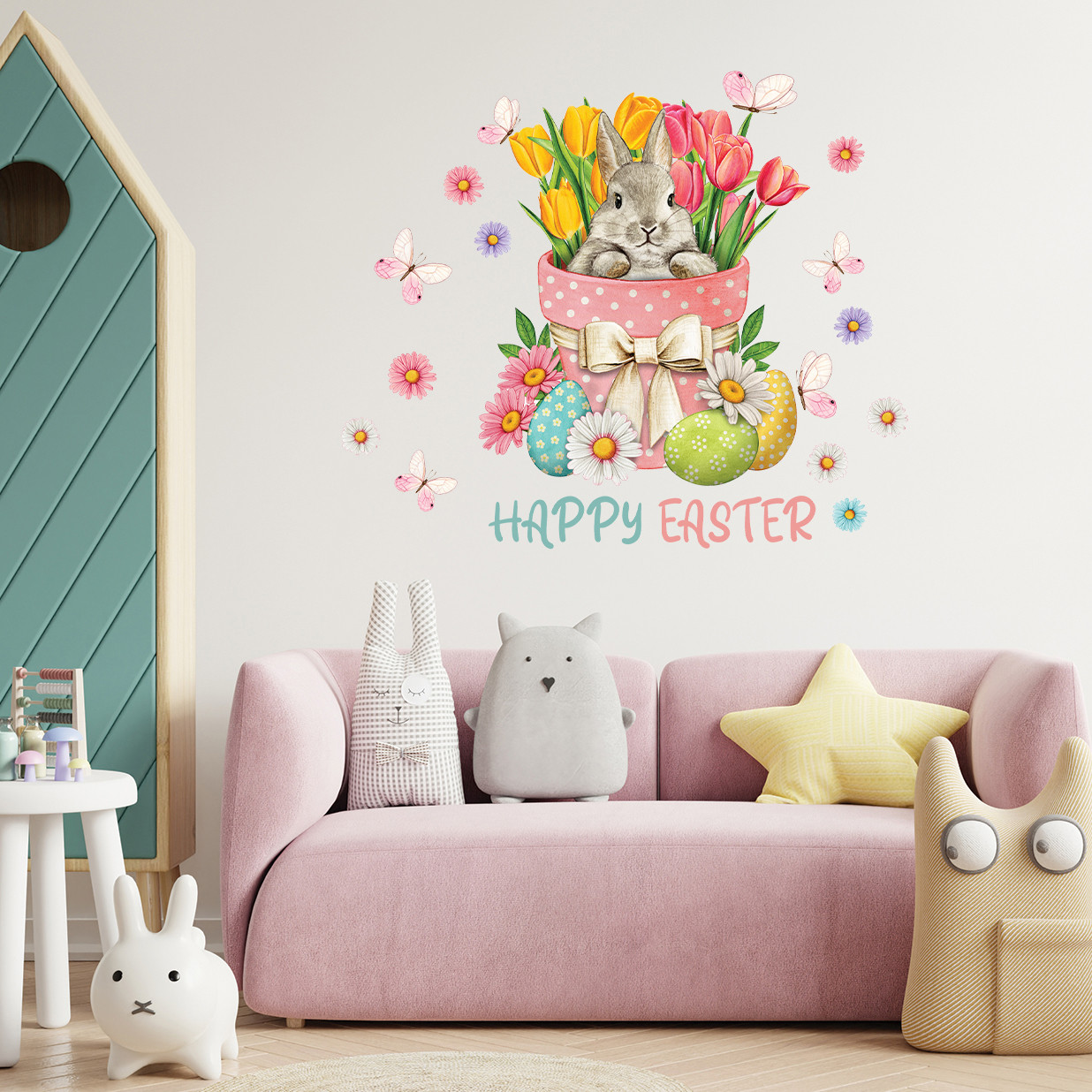 Набір наклейок на вікна стіни Happy Easter Кролик із букетом (зайці тюльпани яйця) Набір S 550х750мм матова