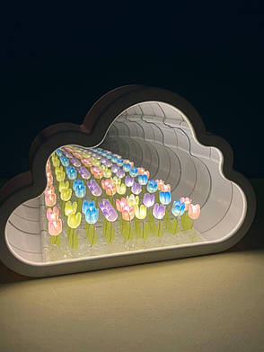 Настільна лампа нескінченне дзеркало "Тюльпани в хмаринці" LED night lamp CLOUD, біла, фото 1