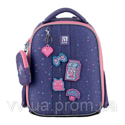 Рюкзак шкільний каркасний ортопедичний для першокласника Kite Education Pixel Love, для дівчаток, фіолетовий