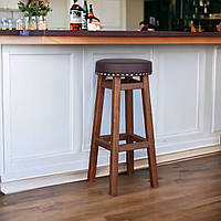 Табурет Деревянный Высокий Барный стул с мягким коричневым сиденьем (Рокки16) из кожзама 79 см Ирландский ПАБ