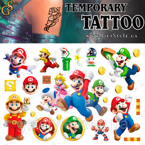Дитячі татуювання Маріо Mario Tattoo Set, фото 1
