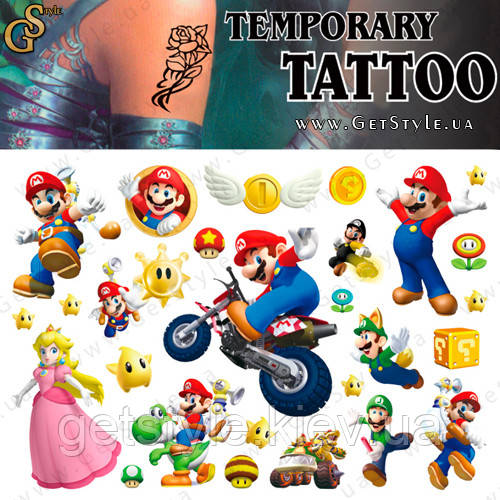Дитячі татуювання Маріо Mario Tattoo Set, фото 1