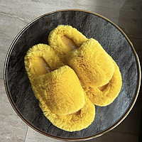 Меховые тапочки комнатные для дома с открытым носком из эко меха в Желтом цвете 41