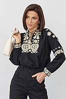 Женская черная вышиванка, хлопковая блузка с вышивкой рукав фонарик S M L(42 44 46) S