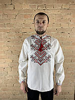 Льняная мужская вышиванка большие размеры с орнаментом красных оттенков.