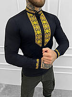 Вышиванка мужская украинская черная льняная на пуговицах с длинным рукавом рубашка вышитая полномерная
