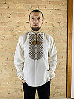 Льняная мужская вышиванка большие размеры с коричневым орнаментом.