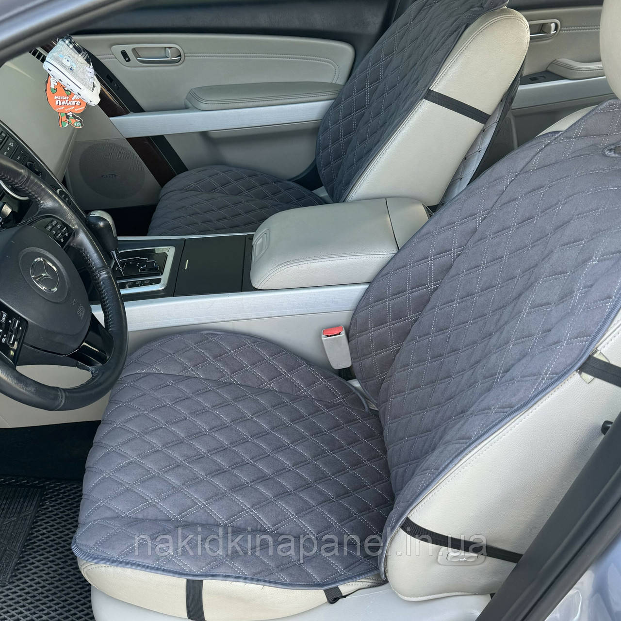 Накидки на сидіння з АЛЬКАНТАРИ Lux Великий ромб Темно-сірий з подвійним сірим рядком Преміум+, Передній комплект, фото 1