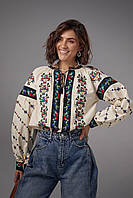 Жіноча колоритна вишиванка бежева, бавовняна блузка з вишивкою рукав ліхтарик S M L(42 44 46)