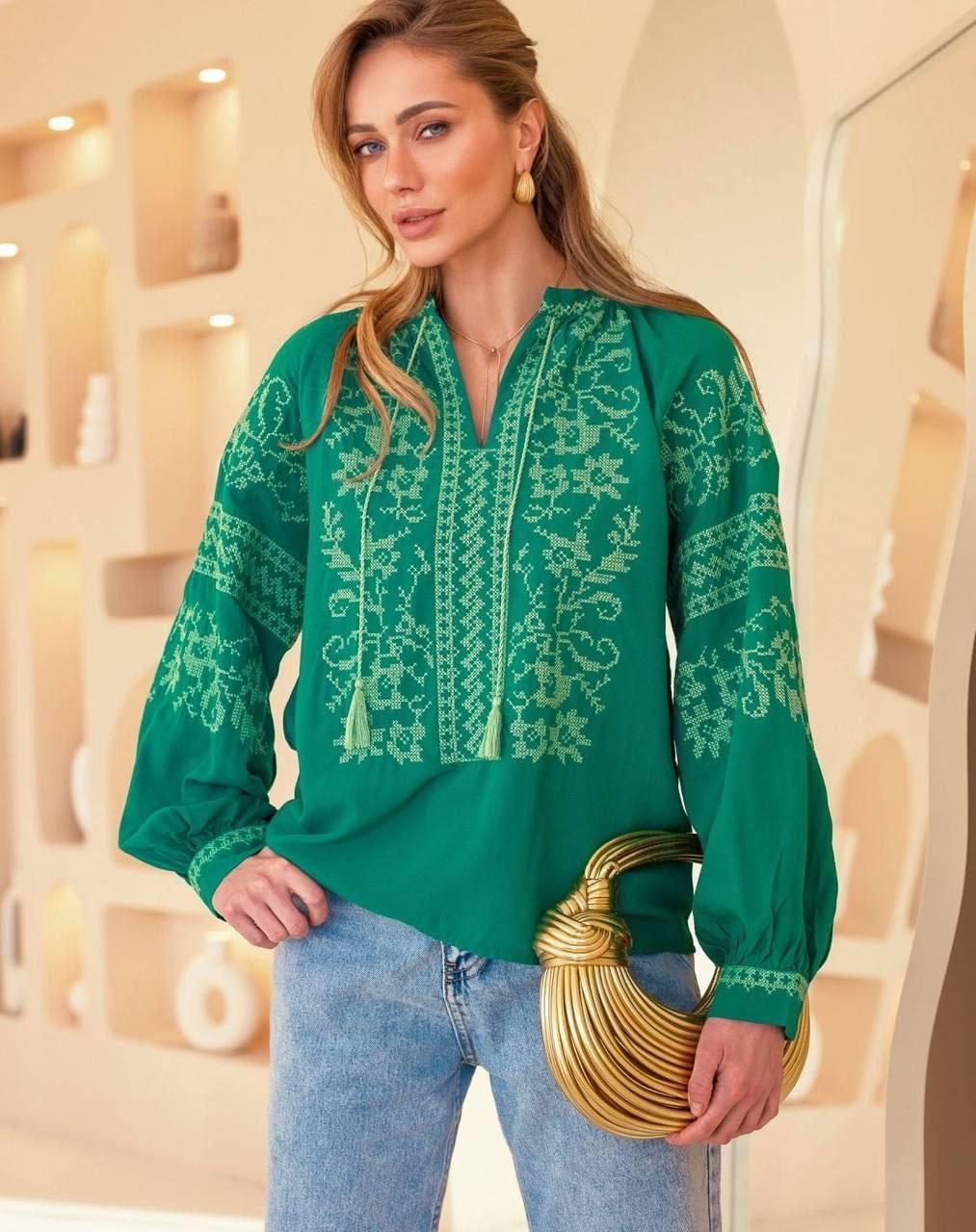 Жіноча вишиванка зелена, бавовняна блузка з вишивкою рукав ліхтарик S M L(42 44 46)