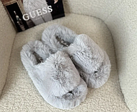 Пушистые светло серые тапочки теплые из эко меха с открытым носком для дома 40