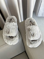 Комнатные светло серые женские тапочки из мягкого эко меха с открытым носком