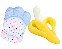 Детский силиконовый прорезыватель-перчатка для зубов 2Life Голубой + Прорезыватель-щётка Бана QT, код: 6691118