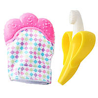 Детский силиконовый прорезыватель-перчатка для зубов розовый и прорезыватель-щётка банан 2Lif QT, код: 8298304