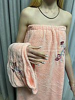 Женский набор чалма с полотенцем микрофибра Полотенце-халат на кнопках Комплект для бани и сауны розовый